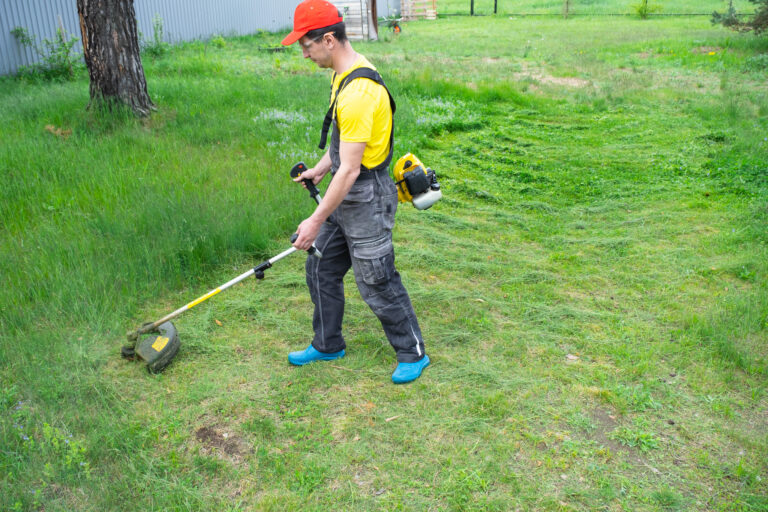 A male gardener mows the green grass of the lawn in the backyard with a gasoline mower. Trimmer for